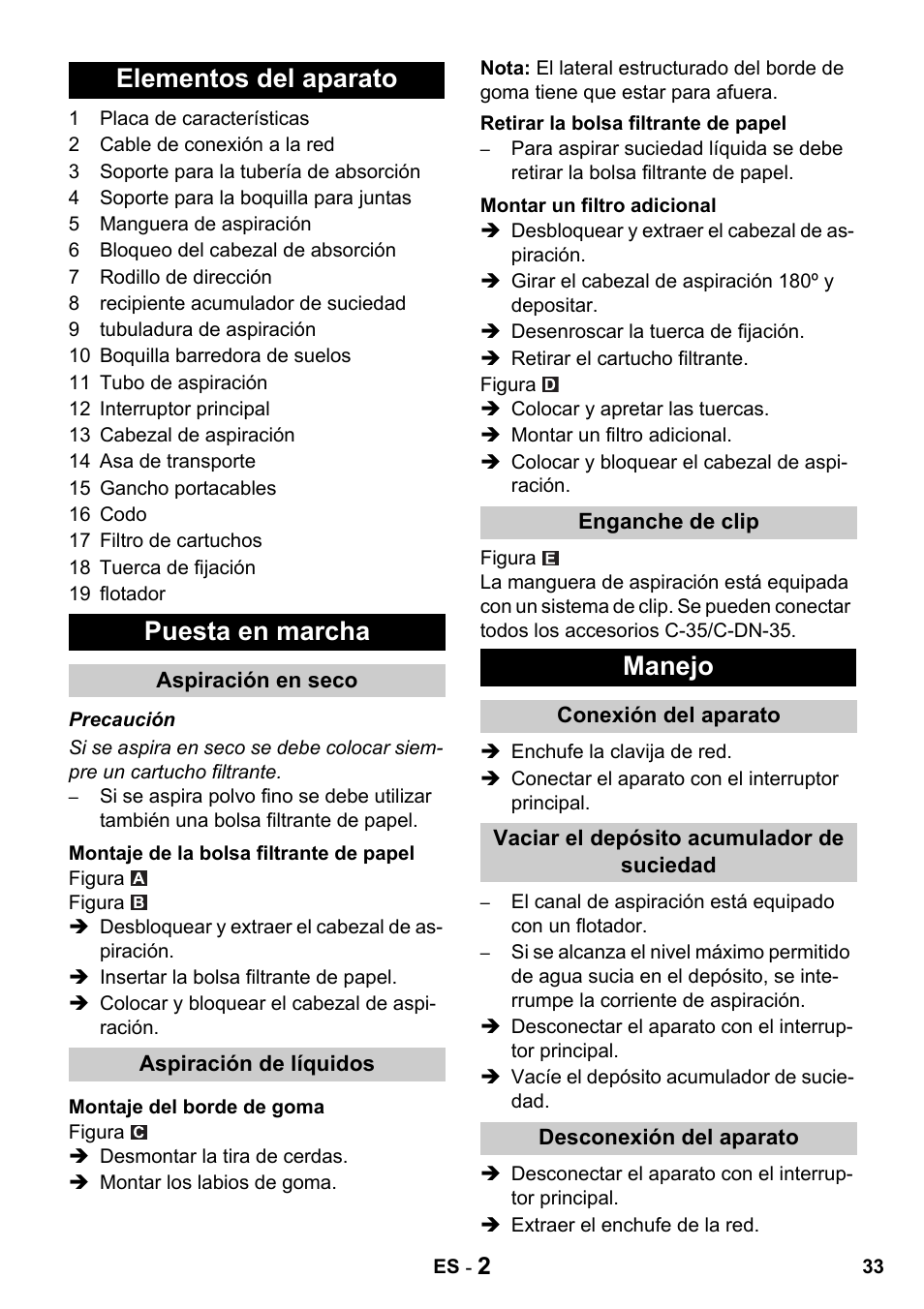 Elementos del aparato puesta en marcha, Manejo | Karcher NT 27-1 Professional User Manual | Page 33 / 148