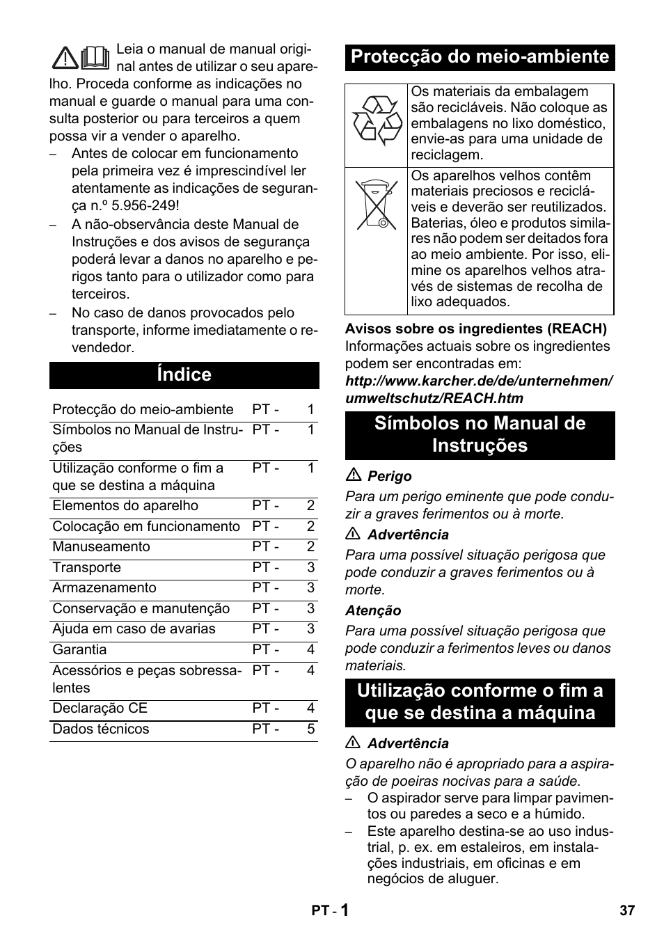 Índice, Protecção do meio-ambiente | Karcher NT 27-1 Professional User Manual | Page 37 / 148