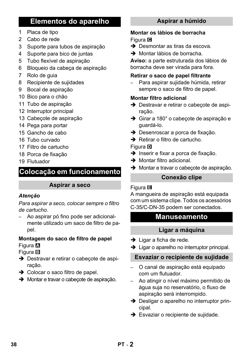 Elementos do aparelho colocação em funcionamento, Manuseamento | Karcher NT 27-1 Professional User Manual | Page 38 / 148