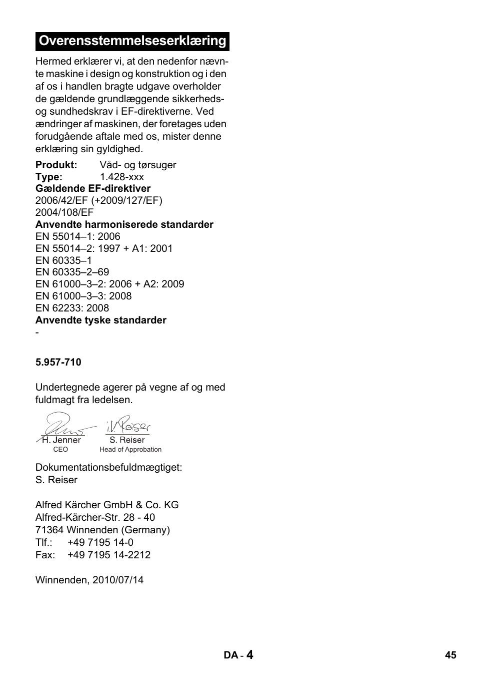 Overensstemmelseserklæring | Karcher NT 27-1 Professional User Manual | Page 45 / 148