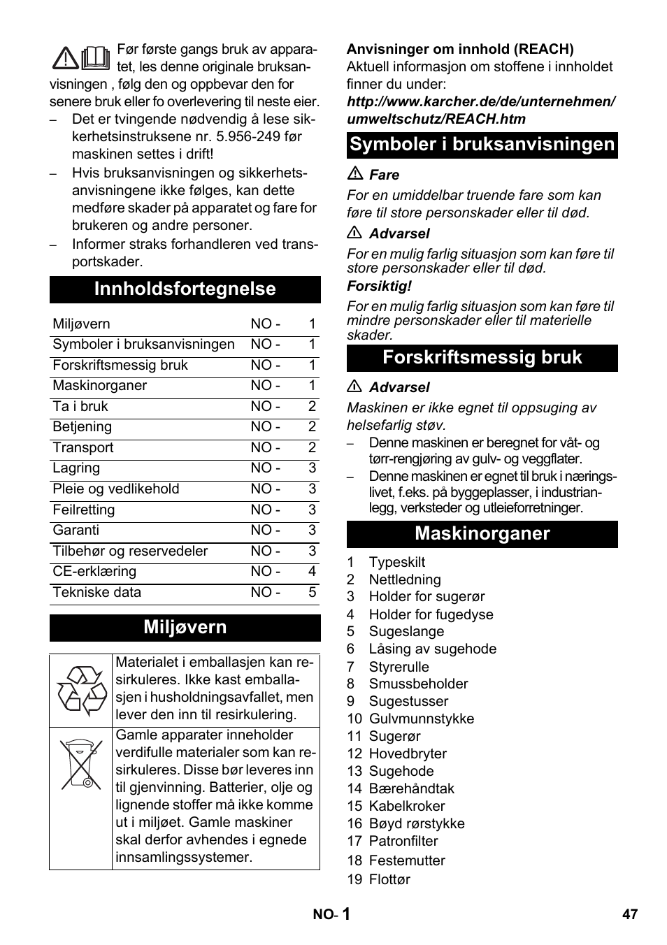 Innholdsfortegnelse, Miljøvern | Karcher NT 27-1 Professional User Manual | Page 47 / 148