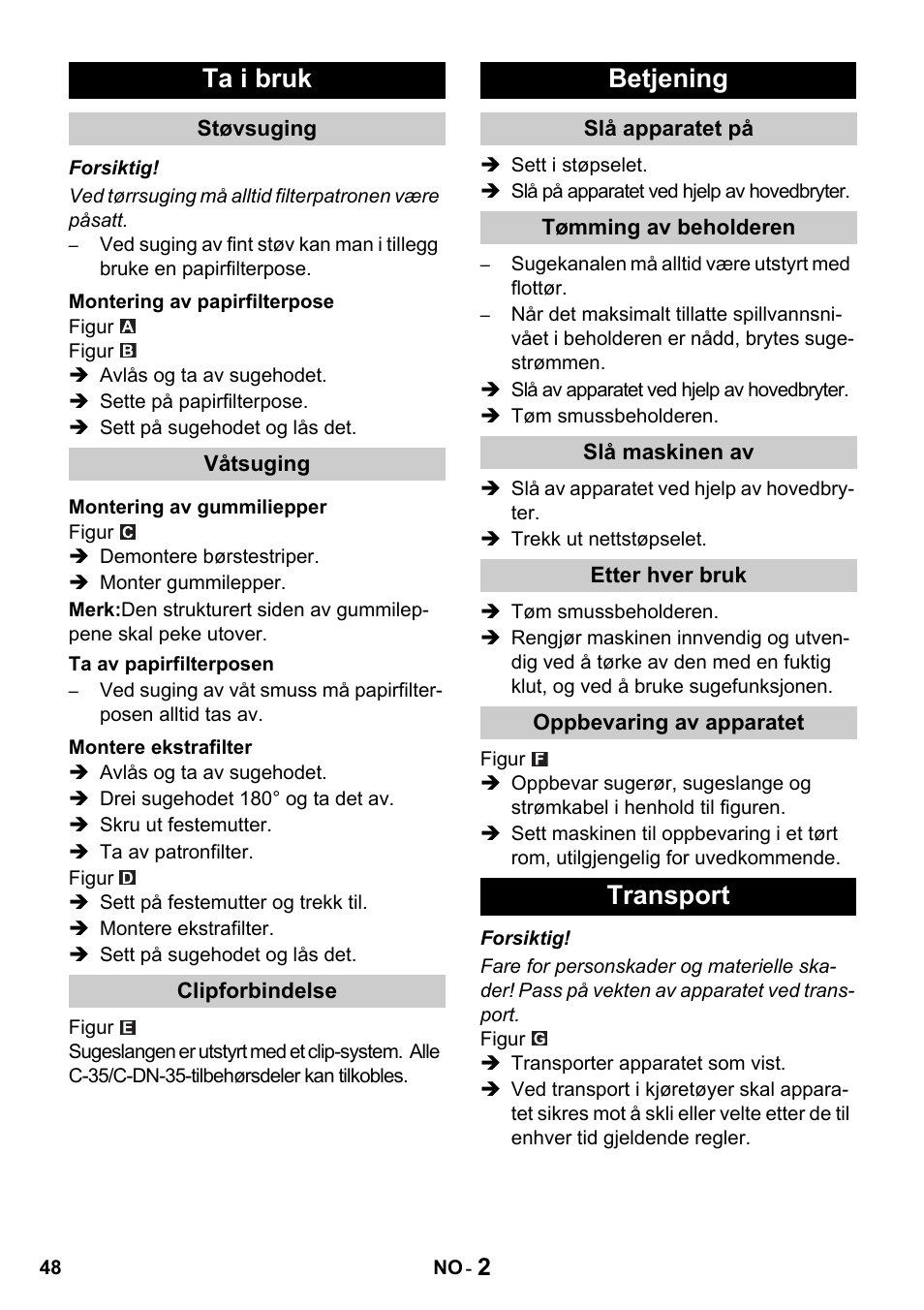 Ta i bruk, Betjening, Transport | Karcher NT 27-1 Professional User Manual | Page 48 / 148