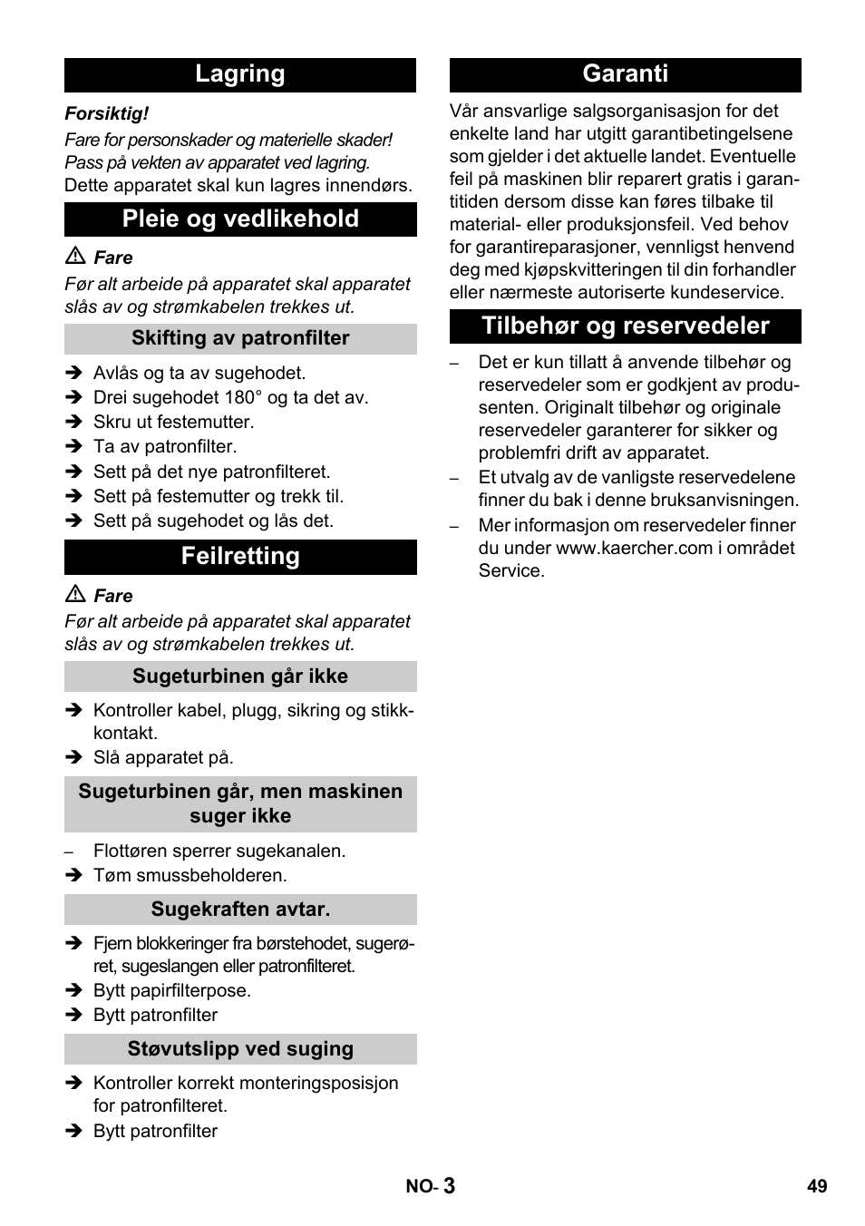 Lagring pleie og vedlikehold, Feilretting, Garanti tilbehør og reservedeler | Karcher NT 27-1 Professional User Manual | Page 49 / 148