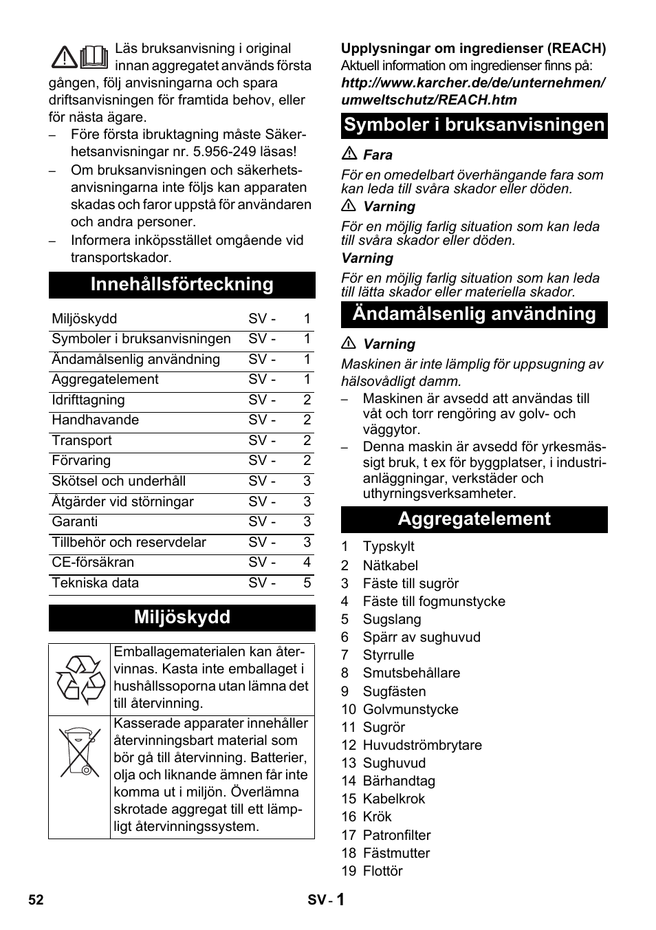 Innehållsförteckning, Miljöskydd | Karcher NT 27-1 Professional User Manual | Page 52 / 148