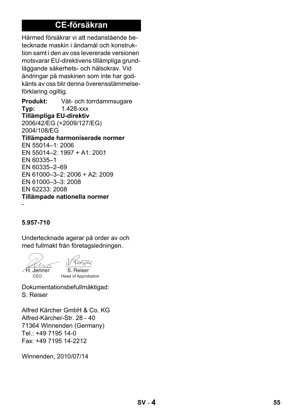 Ce-försäkran | Karcher NT 27-1 Professional User Manual | Page 55 / 148