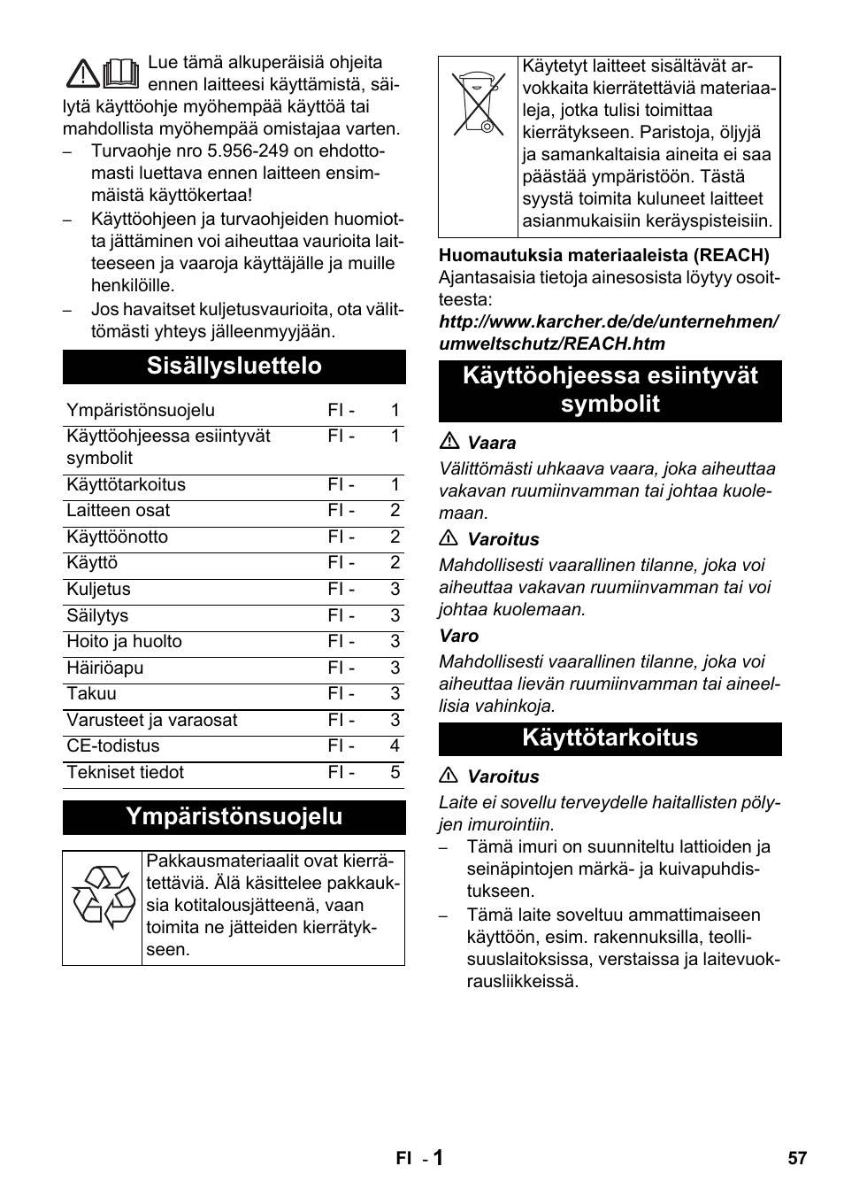 Sisällysluettelo, Ympäristönsuojelu, Käyttöohjeessa esiintyvät symbolit käyttötarkoitus | Karcher NT 27-1 Professional User Manual | Page 57 / 148