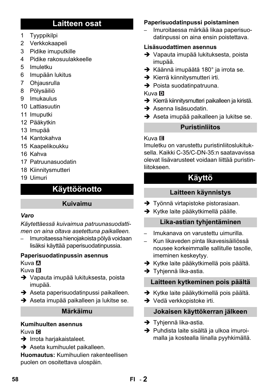 Laitteen osat käyttöönotto, Käyttö | Karcher NT 27-1 Professional User Manual | Page 58 / 148