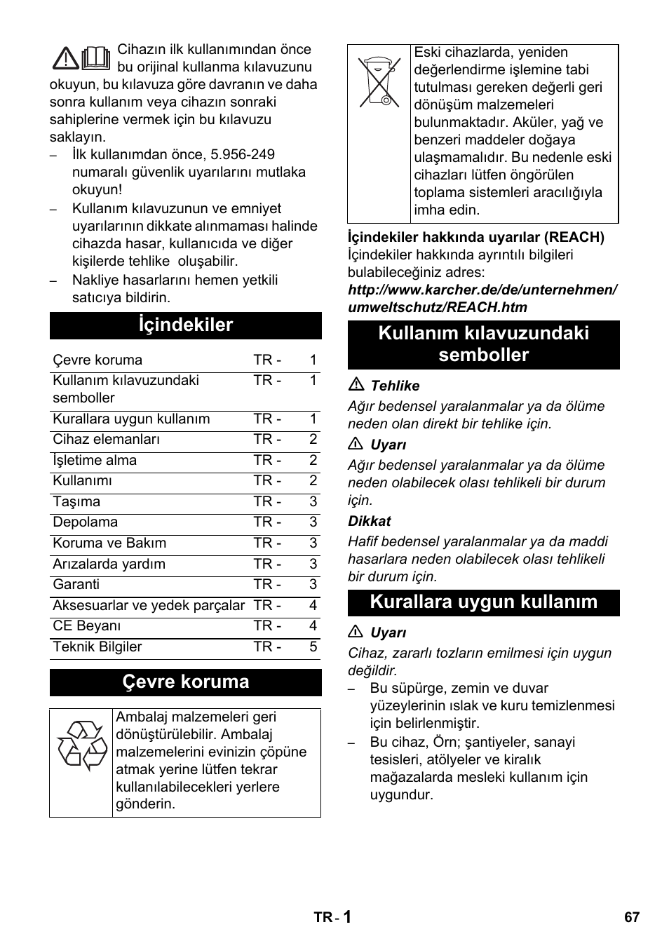 Içindekiler, Çevre koruma | Karcher NT 27-1 Professional User Manual | Page 67 / 148