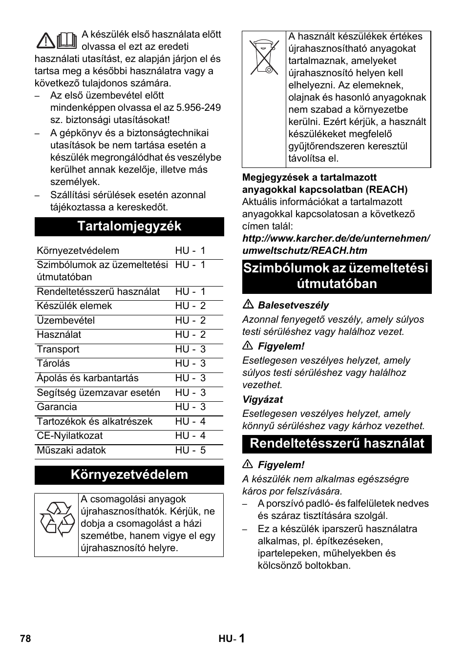 Tartalomjegyzék, Környezetvédelem | Karcher NT 27-1 Professional User Manual | Page 78 / 148