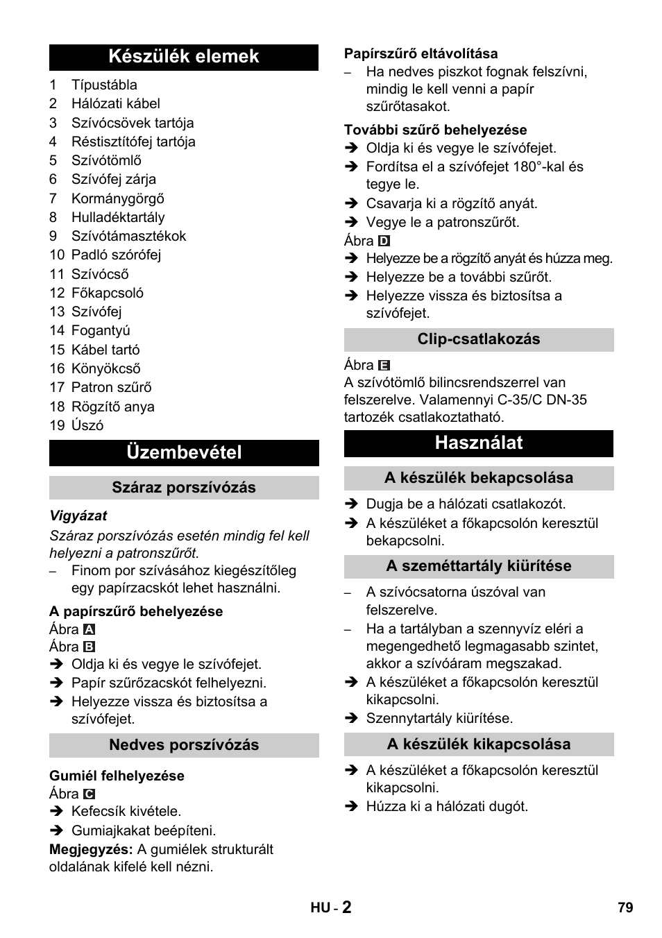 Készülék elemek üzembevétel, Használat | Karcher NT 27-1 Professional User Manual | Page 79 / 148