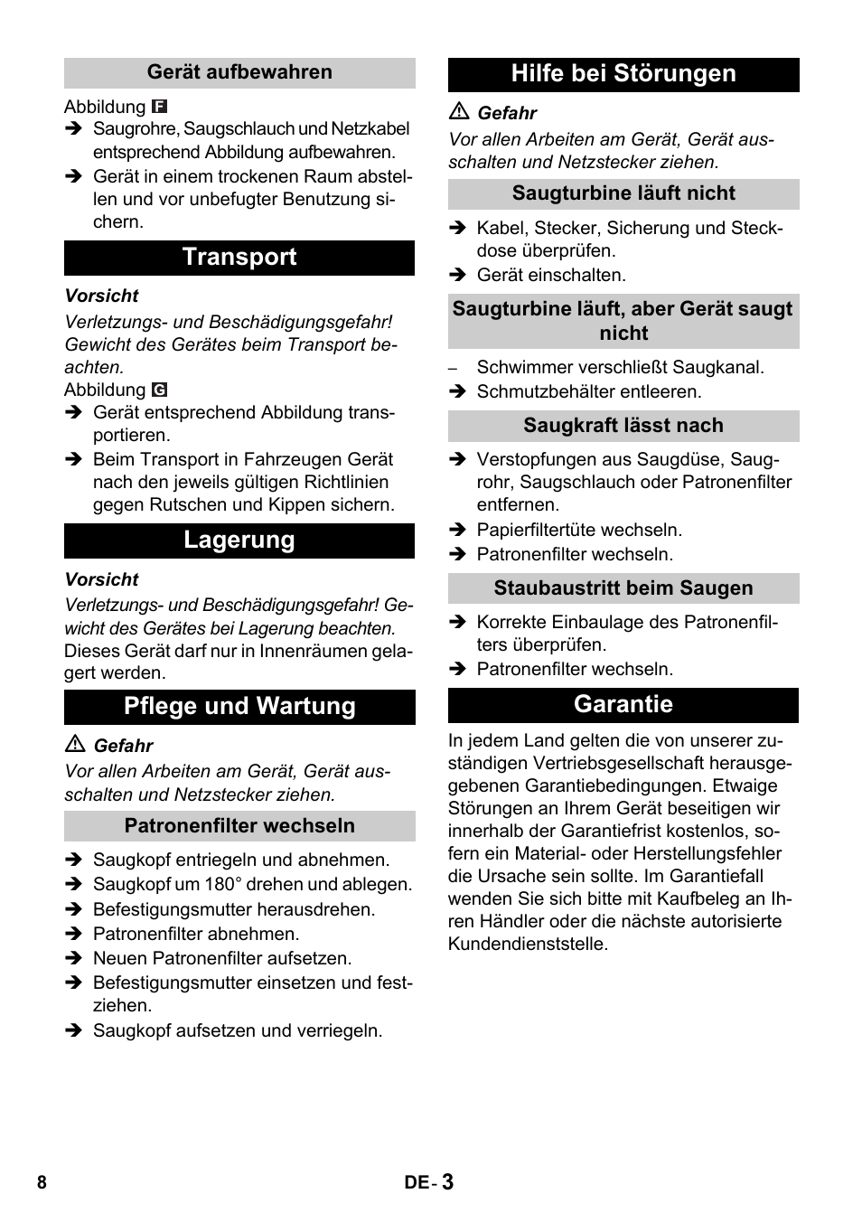 Transport lagerung pflege und wartung, Hilfe bei störungen, Garantie | Karcher NT 27-1 Professional User Manual | Page 8 / 148