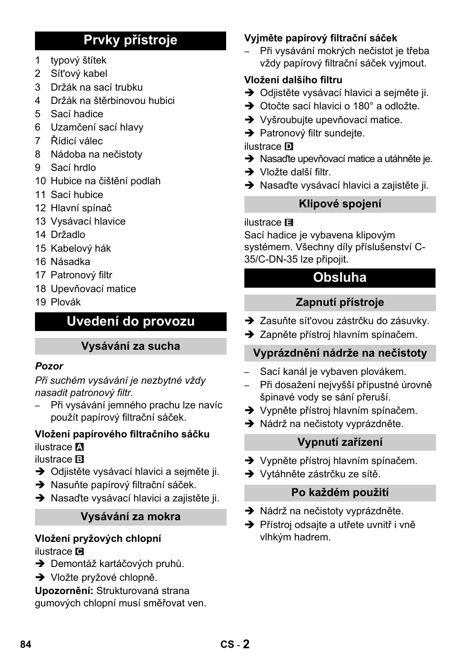 Prvky přístroje uvedení do provozu, Obsluha | Karcher NT 27-1 Professional User Manual | Page 84 / 148