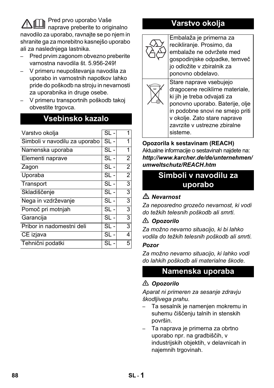 Vsebinsko kazalo, Varstvo okolja, Simboli v navodilu za uporabo namenska uporaba | Karcher NT 27-1 Professional User Manual | Page 88 / 148
