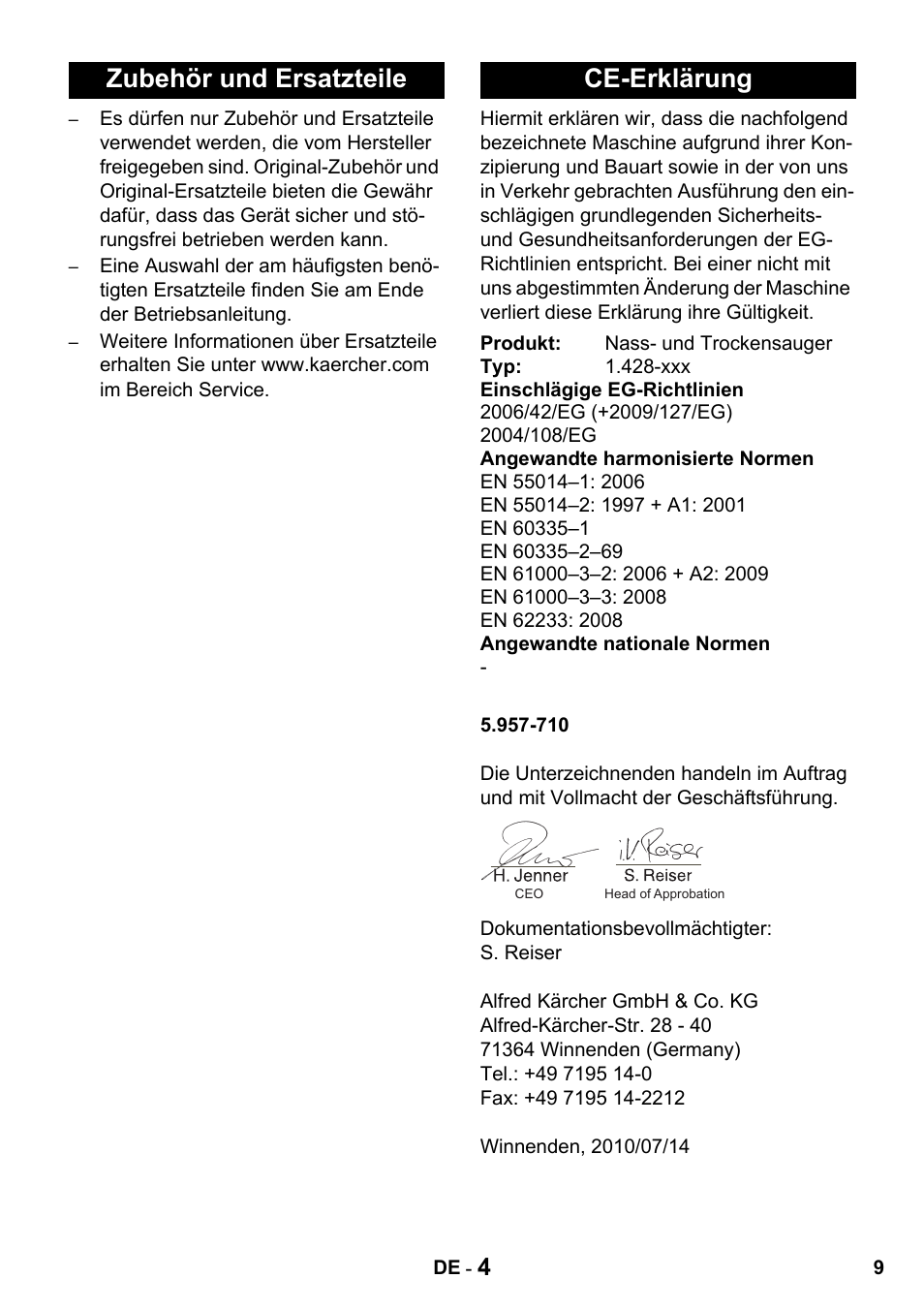 Zubehör und ersatzteile ce-erklärung | Karcher NT 27-1 Professional User Manual | Page 9 / 148
