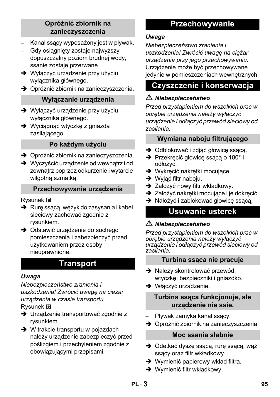 Transport przechowywanie czyszczenie i konserwacja, Usuwanie usterek | Karcher NT 27-1 Professional User Manual | Page 95 / 148