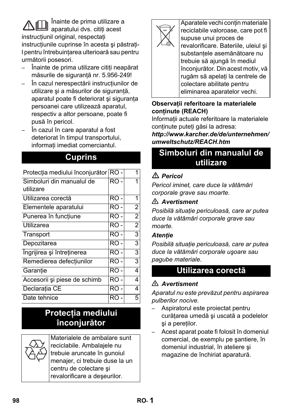 Cuprins, Protecţia mediului înconjurător | Karcher NT 27-1 Professional User Manual | Page 98 / 148