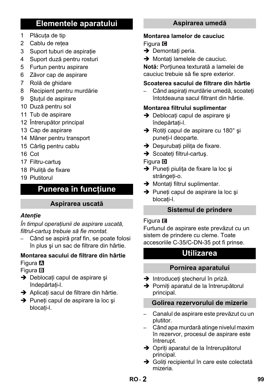 Elementele aparatului punerea în funcţiune, Utilizarea | Karcher NT 27-1 Professional User Manual | Page 99 / 148