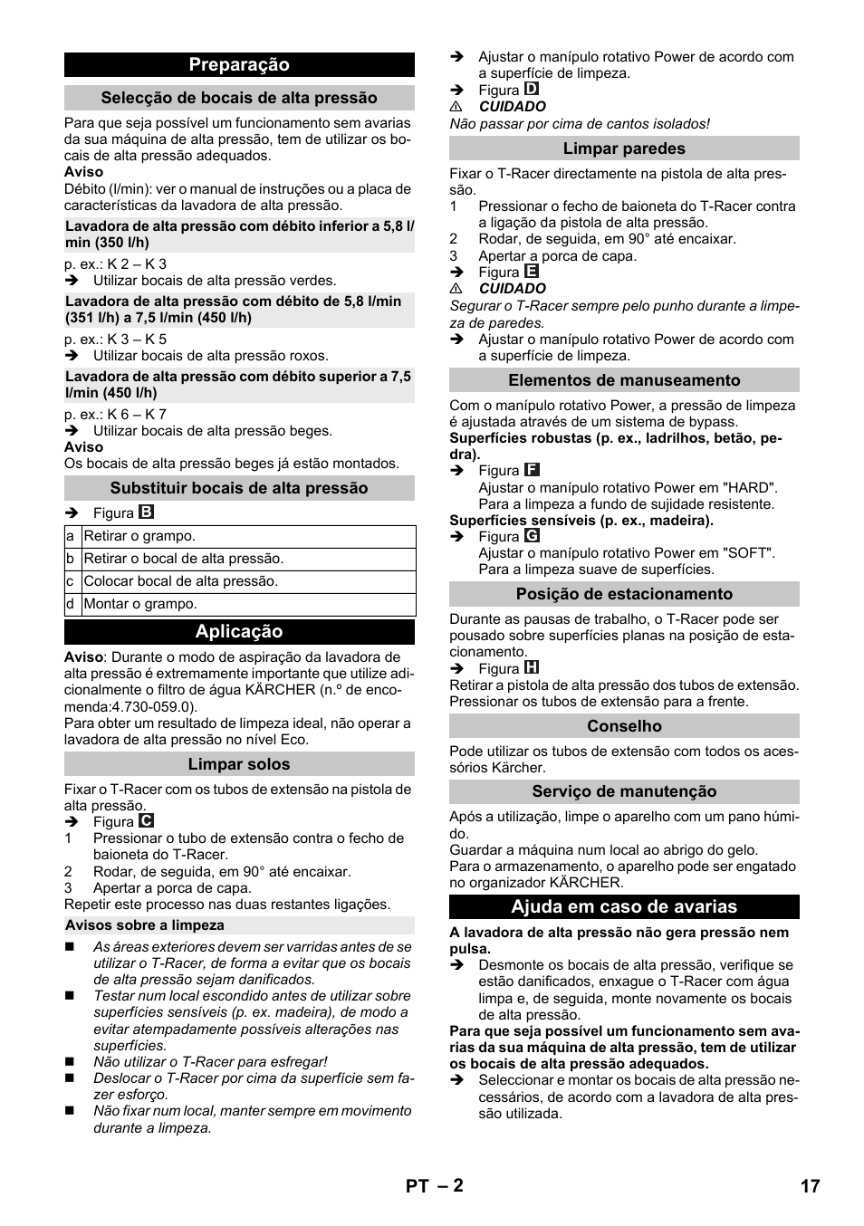 Preparação, Selecção de bocais de alta pressão, Substituir bocais de alta pressão | Aplicação, Limpar solos, Avisos sobre a limpeza, Limpar paredes, Elementos de manuseamento, Posição de estacionamento, Conselho | Karcher K 5 Premium eco!ogic Home User Manual | Page 17 / 72