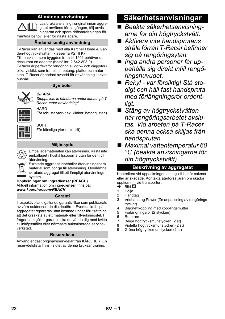 Svenska, Allmänna anvisningar, Ändamålsenlig användning | Symboler, Miljöskydd, Garanti, Reservdelar, Säkerhetsanvisningar, Beskrivning av aggregatet | Karcher K 5 Premium eco!ogic Home User Manual | Page 22 / 72