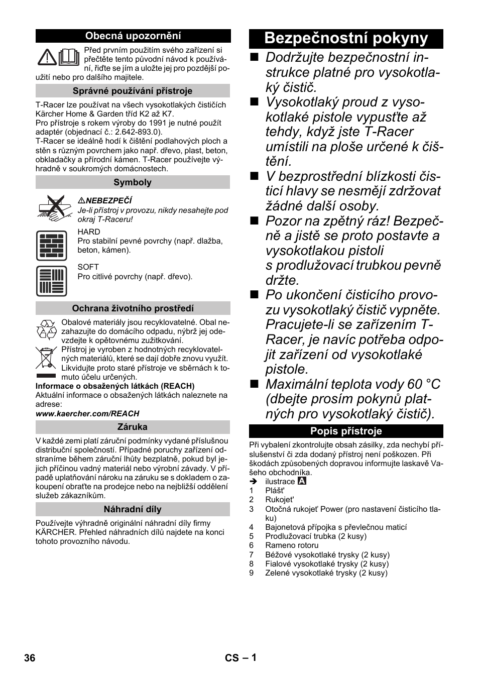 Čeština, Obecná upozornění, Správné používání přístroje | Symboly, Ochrana životního prostředí, Záruka, Náhradní díly, Bezpečnostní pokyny, Popis přístroje | Karcher K 5 Premium eco!ogic Home User Manual | Page 36 / 72