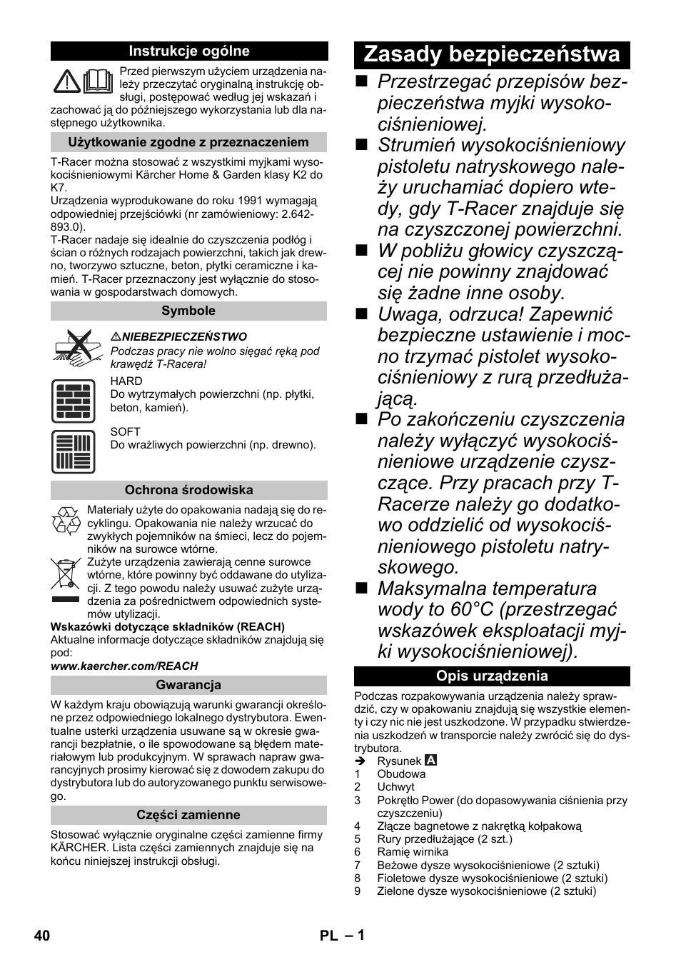Polski, Instrukcje ogólne, Użytkowanie zgodne z przeznaczeniem | Symbole, Ochrona środowiska, Gwarancja, Części zamienne, Zasady bezpieczeństwa, Opis urządzenia | Karcher K 5 Premium eco!ogic Home User Manual | Page 40 / 72
