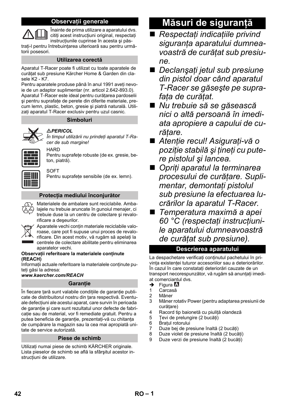 Româneşte, Observaţii generale, Utilizarea corectă | Simboluri, Protecţia mediului înconjurător, Garanţie, Piese de schimb, Măsuri de siguranţă, Descrierea aparatului | Karcher K 5 Premium eco!ogic Home User Manual | Page 42 / 72