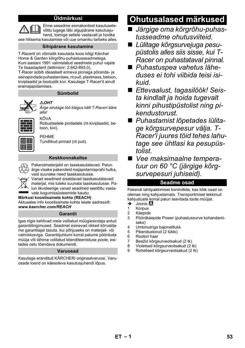 Eesti, Üldmärkusi, Sihipärane kasutamine | Sümbolid, Keskkonnakaitse, Garantii, Varuosad, Ohutusalased märkused, Seadme osad | Karcher K 5 Premium eco!ogic Home User Manual | Page 53 / 72