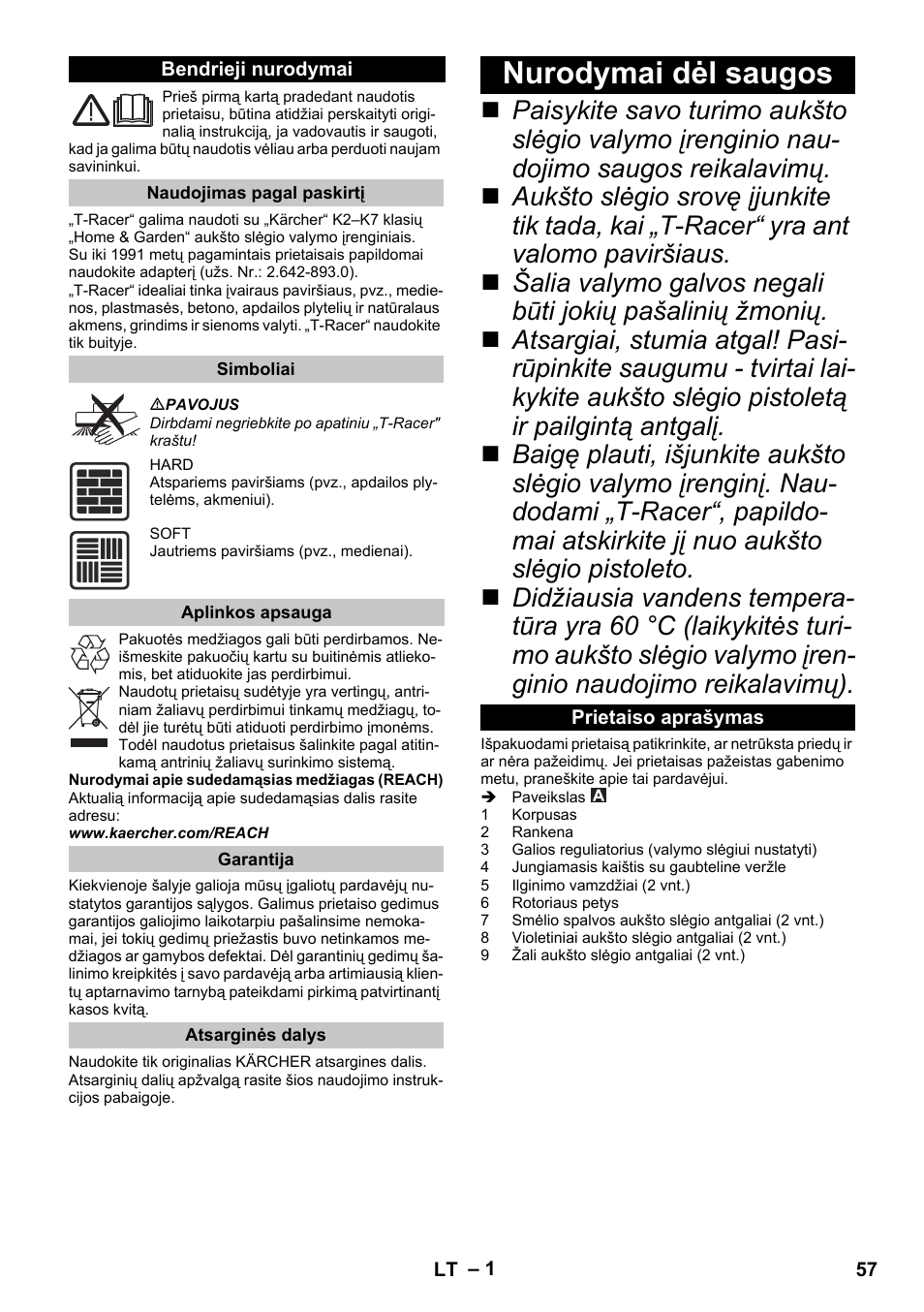 Lietuviškai, Bendrieji nurodymai, Naudojimas pagal paskirtį | Simboliai, Aplinkos apsauga, Garantija, Atsarginės dalys, Nurodymai dėl saugos, Prietaiso aprašymas | Karcher K 5 Premium eco!ogic Home User Manual | Page 57 / 72