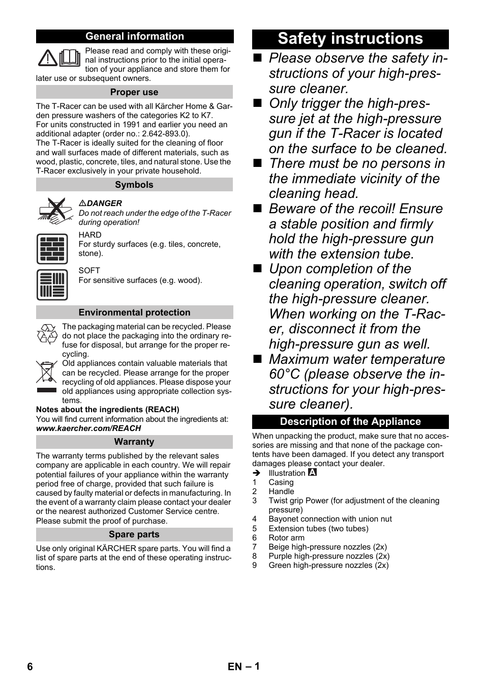 English, General information, Proper use | Symbols, Environmental protection, Warranty, Spare parts, Safety instructions, Description of the appliance | Karcher K 5 Premium eco!ogic Home User Manual | Page 6 / 72