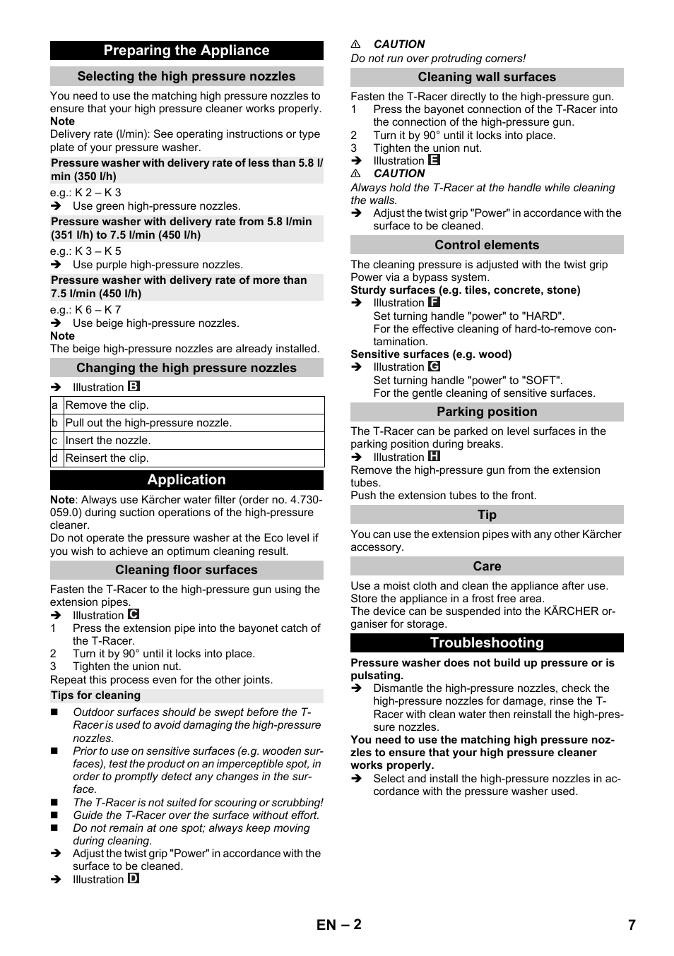 Preparing the appliance, Selecting the high pressure nozzles, Changing the high pressure nozzles | Application, Cleaning floor surfaces, Tips for cleaning, Cleaning wall surfaces, Control elements, Parking position, Care | Karcher K 5 Premium eco!ogic Home User Manual | Page 7 / 72