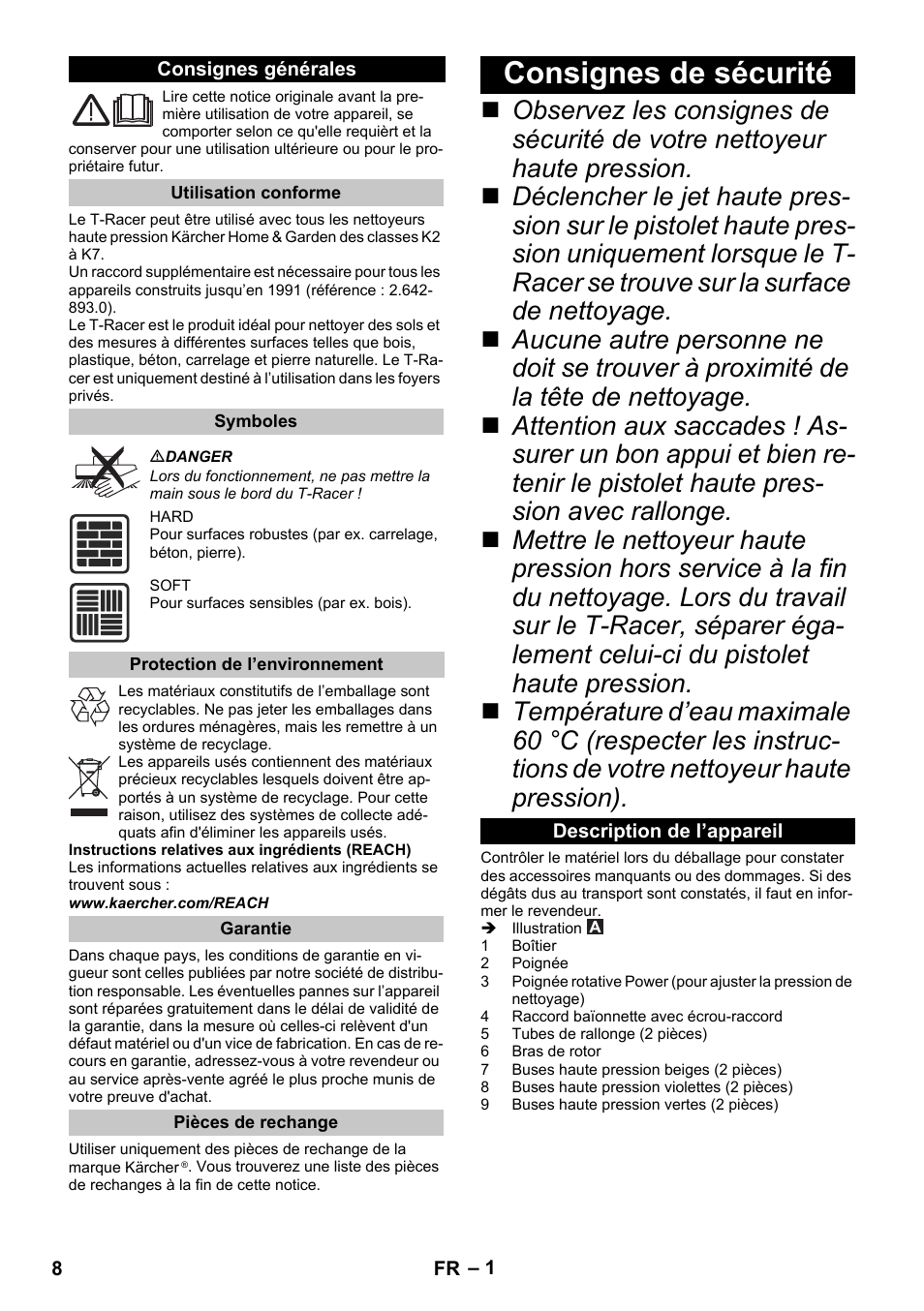 Français, Consignes générales, Utilisation conforme | Symboles, Protection de l’environnement, Garantie, Pièces de rechange, Consignes de sécurité, Description de l’appareil | Karcher K 5 Premium eco!ogic Home User Manual | Page 8 / 72