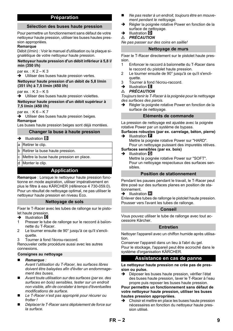 Préparation, Sélection des buses haute pression, Changer la buse à haute pression | Application, Nettoyage de sols, Consignes au nettoyage, Nettoyage de murs, Eléments de commande, Position de stationnement, Conseil | Karcher K 5 Premium eco!ogic Home User Manual | Page 9 / 72