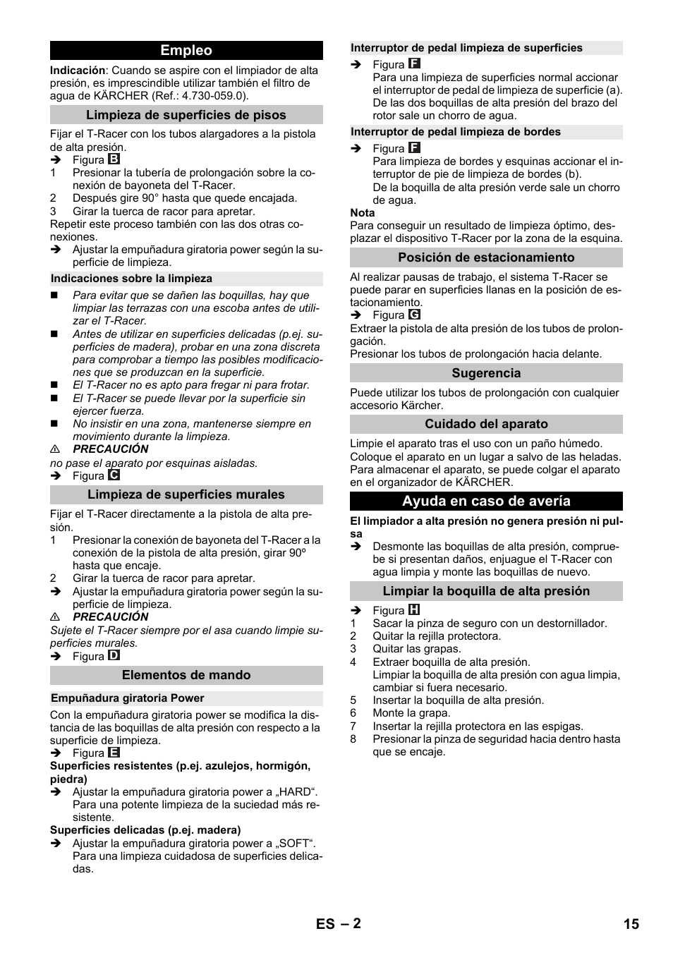 Empleo, Limpieza de superficies de pisos, Indicaciones sobre la limpieza | Limpieza de superficies murales, Elementos de mando, Empuñadura giratoria power, Interruptor de pedal limpieza de superficies, Interruptor de pedal limpieza de bordes, Posición de estacionamiento, Sugerencia | Karcher K 7 Premium eco!ogic Home User Manual | Page 15 / 68