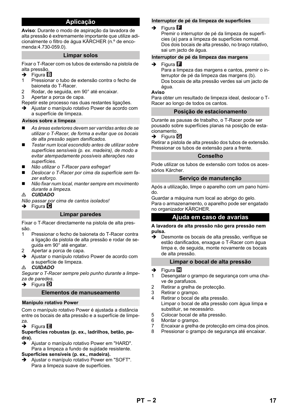 Aplicação, Limpar solos, Avisos sobre a limpeza | Limpar paredes, Elementos de manuseamento, Manípulo rotativo power, Interruptor de pé da limpeza de superfícies, Interruptor de pé da limpeza das margens, Posição de estacionamento, Conselho | Karcher K 7 Premium eco!ogic Home User Manual | Page 17 / 68