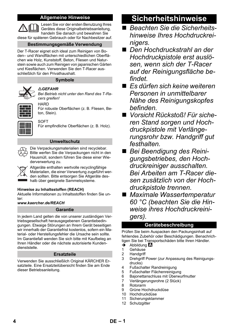Deutsch, Allgemeine hinweise, Bestimmungsgemäße verwendung | Symbole, Umweltschutz, Garantie, Ersatzteile, Sicherheitshinweise, Gerätebeschreibung | Karcher K 7 Premium eco!ogic Home User Manual | Page 4 / 68