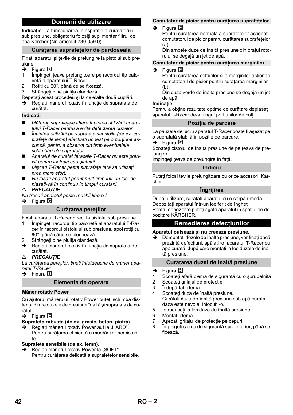 Domenii de utilizare, Curăţarea suprefeţelor de pardoseală, Indicaţii | Curăţarea pereţilor, Elemente de operare, Mâner rotativ power, Comutator de picior pentru curăţarea suprafeţelor, Comutator de picior pentru curăţarea marginilor, Poziţia de parcare, Indiciu | Karcher K 7 Premium eco!ogic Home User Manual | Page 42 / 68