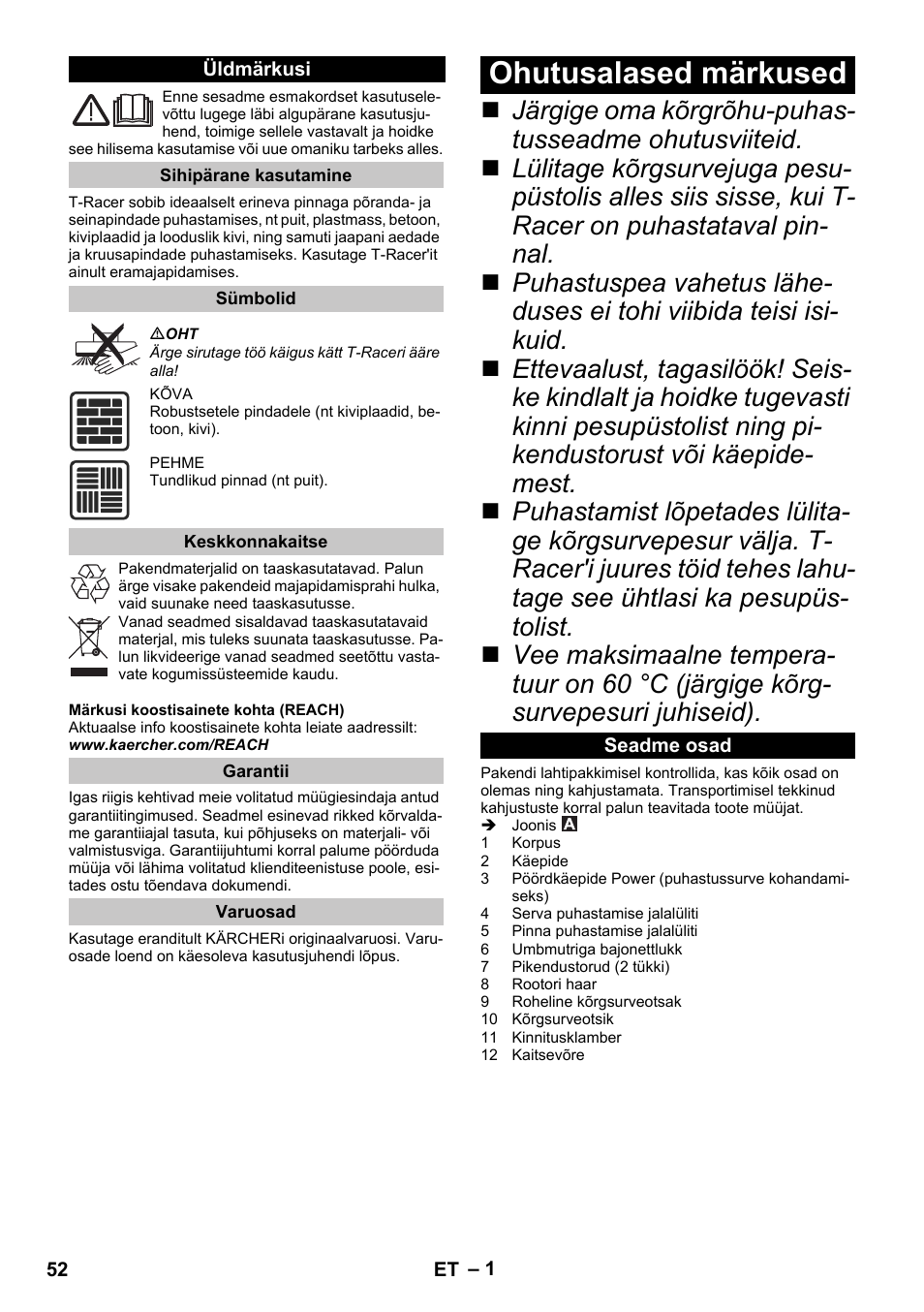 Eesti, Üldmärkusi, Sihipärane kasutamine | Sümbolid, Keskkonnakaitse, Garantii, Varuosad, Ohutusalased märkused, Seadme osad | Karcher K 7 Premium eco!ogic Home User Manual | Page 52 / 68
