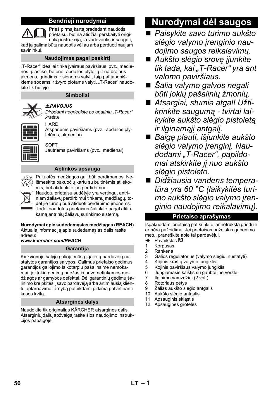 Lietuviškai, Bendrieji nurodymai, Naudojimas pagal paskirtį | Simboliai, Aplinkos apsauga, Garantija, Atsarginės dalys, Nurodymai dėl saugos, Prietaiso aprašymas | Karcher K 7 Premium eco!ogic Home User Manual | Page 56 / 68