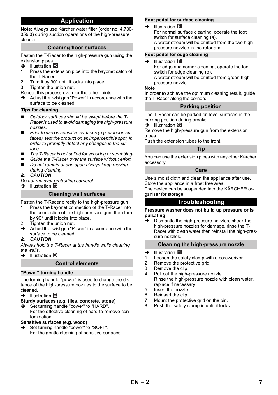 Application, Cleaning floor surfaces, Tips for cleaning | Cleaning wall surfaces, Control elements, Power" turning handle, Foot pedal for surface cleaning, Foot pedal for edge cleaning, Parking position, Care | Karcher K 7 Premium eco!ogic Home User Manual | Page 7 / 68