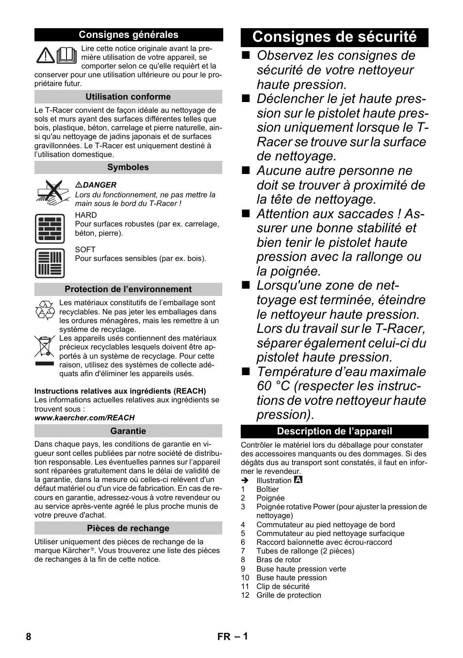 Français, Consignes générales, Utilisation conforme | Symboles, Protection de l’environnement, Garantie, Pièces de rechange, Consignes de sécurité, Description de l’appareil | Karcher K 7 Premium eco!ogic Home User Manual | Page 8 / 68