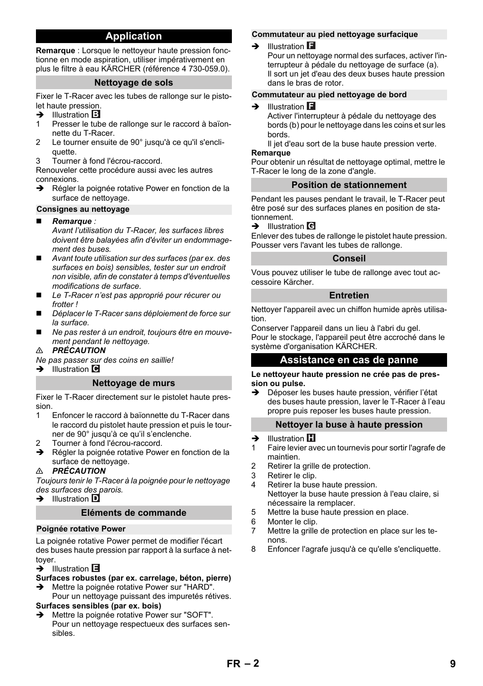 Application, Nettoyage de sols, Consignes au nettoyage | Nettoyage de murs, Eléments de commande, Poignée rotative power, Commutateur au pied nettoyage surfacique, Commutateur au pied nettoyage de bord, Position de stationnement, Conseil | Karcher K 7 Premium eco!ogic Home User Manual | Page 9 / 68