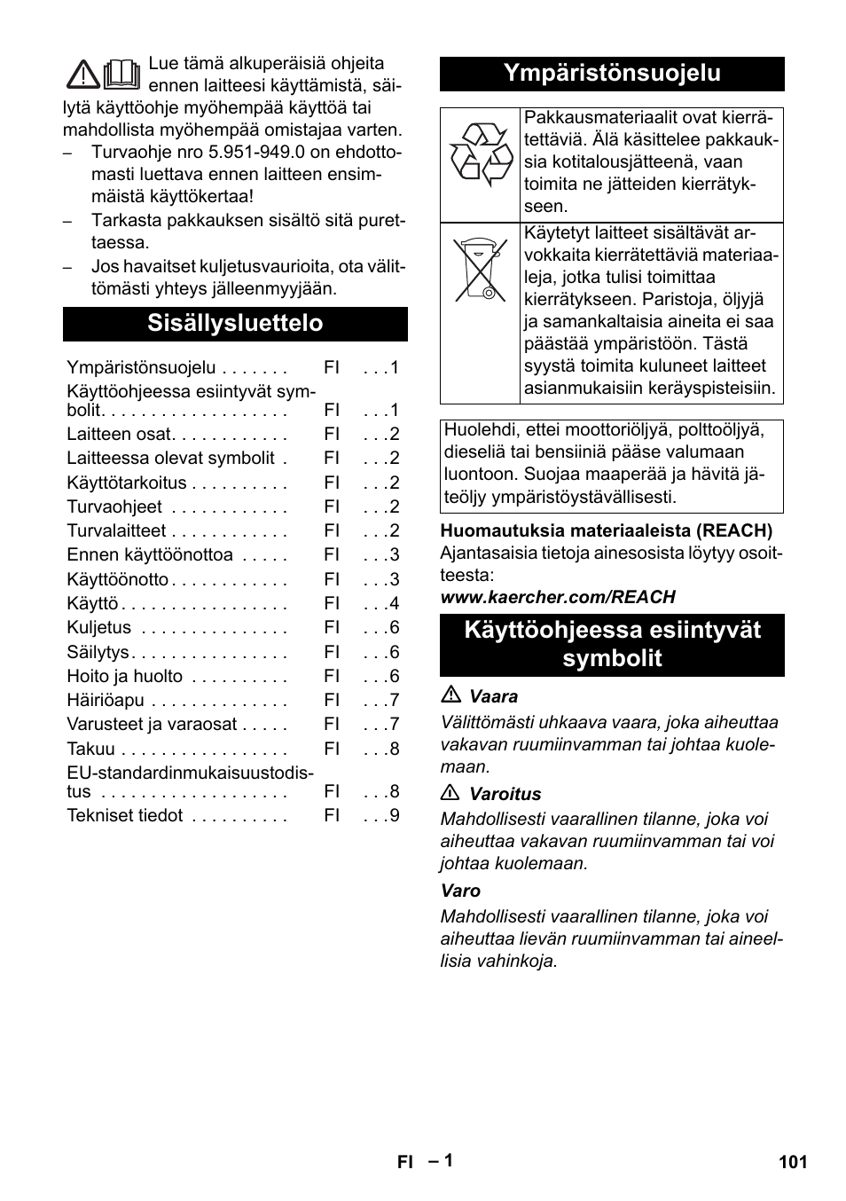 Suomi, Sisällysluettelo, Ympäristönsuojelu | Käyttöohjeessa esiintyvät symbolit | Karcher HD 5-15 C + FR User Manual | Page 101 / 280