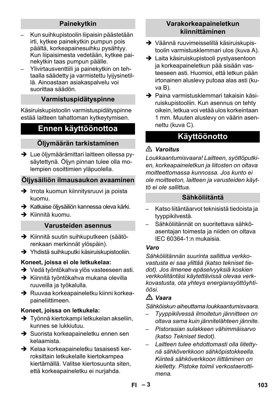 Ennen käyttöönottoa, Käyttöönotto | Karcher HD 5-15 C + FR User Manual | Page 103 / 280