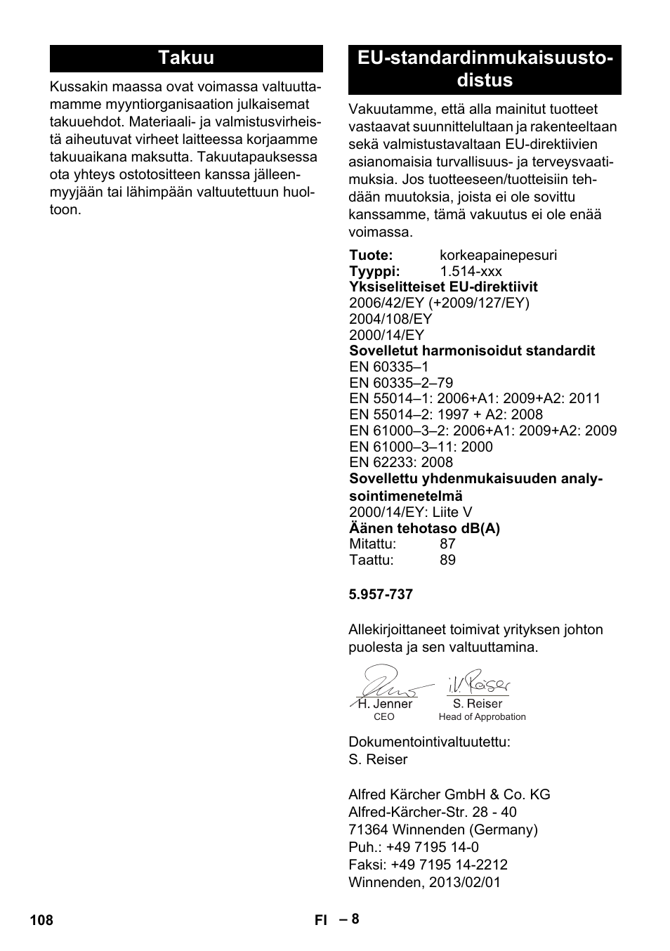 Takuu eu-standardinmukaisuusto- distus | Karcher HD 5-15 C + FR User Manual | Page 108 / 280