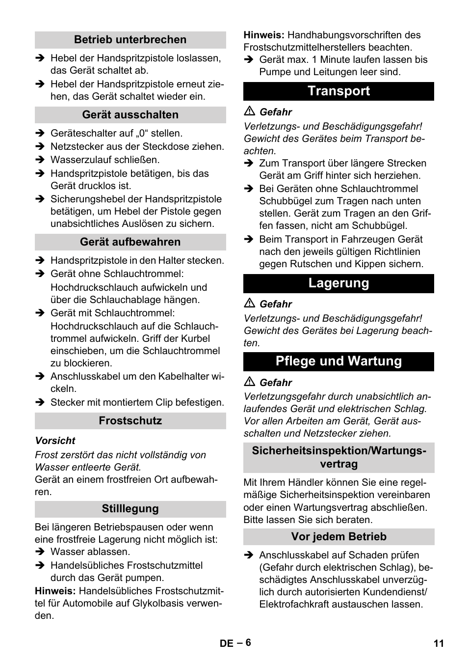 Transport lagerung pflege und wartung | Karcher HD 5-15 C + FR User Manual | Page 11 / 280