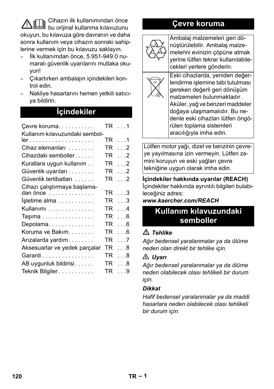 Türkçe, Içindekiler, Çevre koruma | Kullanım kılavuzundaki semboller | Karcher HD 5-15 C + FR User Manual | Page 120 / 280