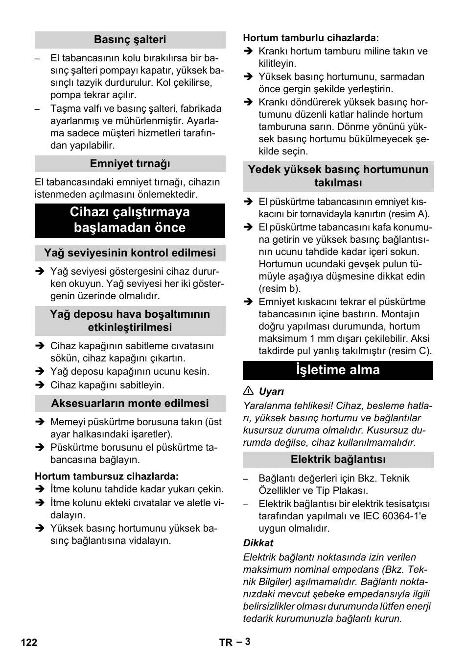 Cihazı çalıştırmaya başlamadan önce, Işletime alma | Karcher HD 5-15 C + FR User Manual | Page 122 / 280