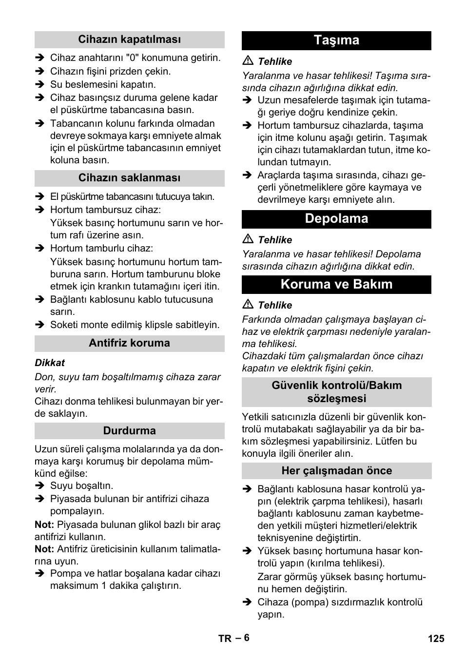 Taşıma depolama koruma ve bakım | Karcher HD 5-15 C + FR User Manual | Page 125 / 280