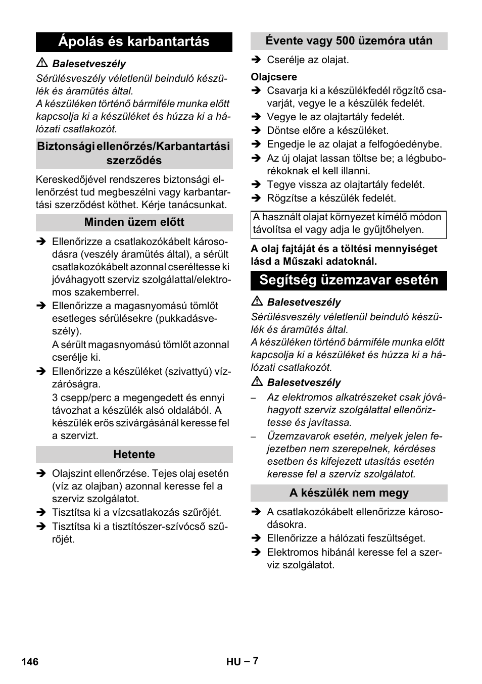 Ápolás és karbantartás, Segítség üzemzavar esetén | Karcher HD 5-15 C + FR User Manual | Page 146 / 280