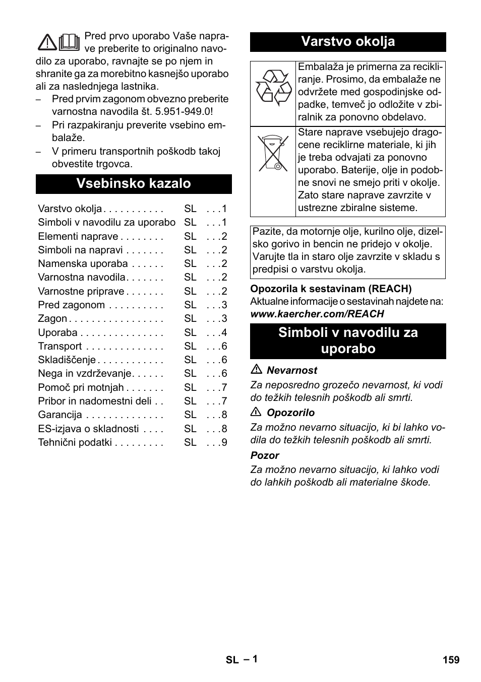 Slovenščina, Vsebinsko kazalo, Varstvo okolja | Simboli v navodilu za uporabo | Karcher HD 5-15 C + FR User Manual | Page 159 / 280